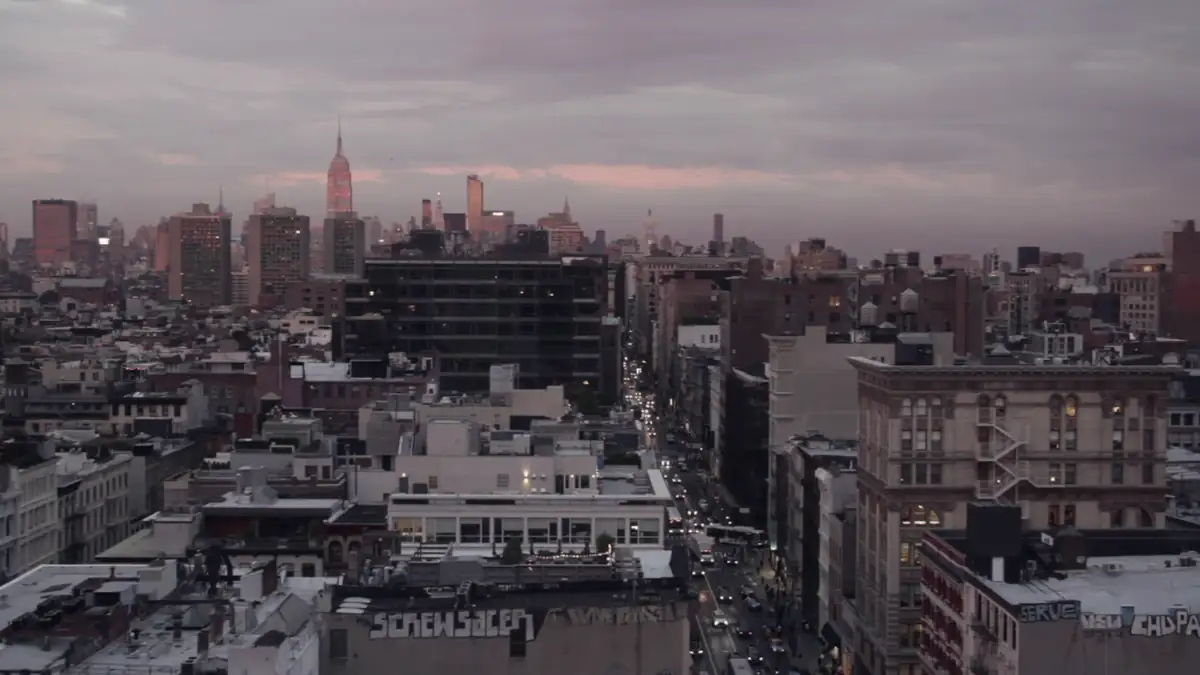 City rooftops under a pink sunset sky
